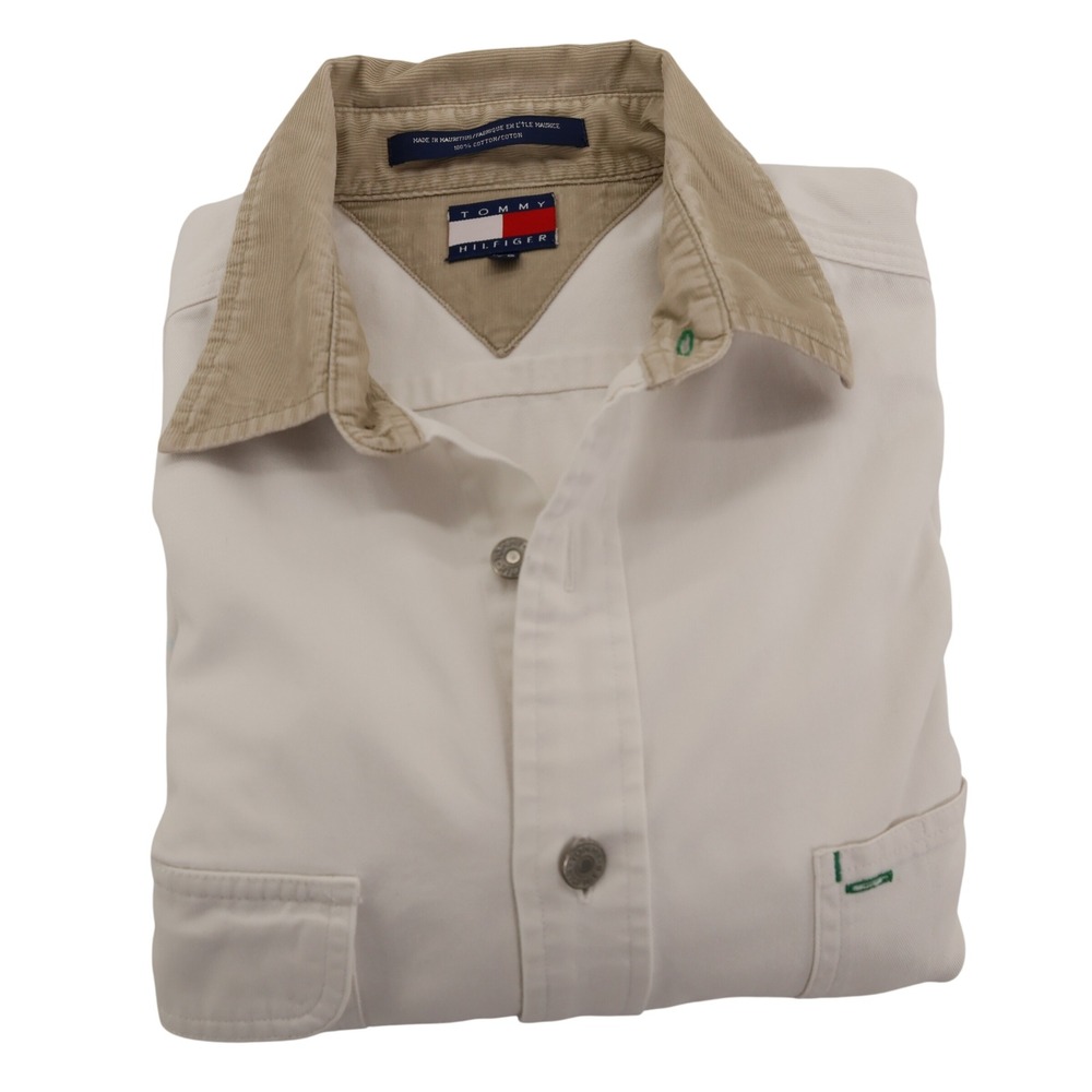Tommy Hilfiger Mens Heavy Twill Button Down Shirt Cream Corduroy Collar Large - Picture 2 of 11